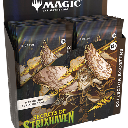 Magic: The Gathering – Secrets of Strixhaven Collector Booster Display, englische Verpackung mit 12 Collector Boostern.