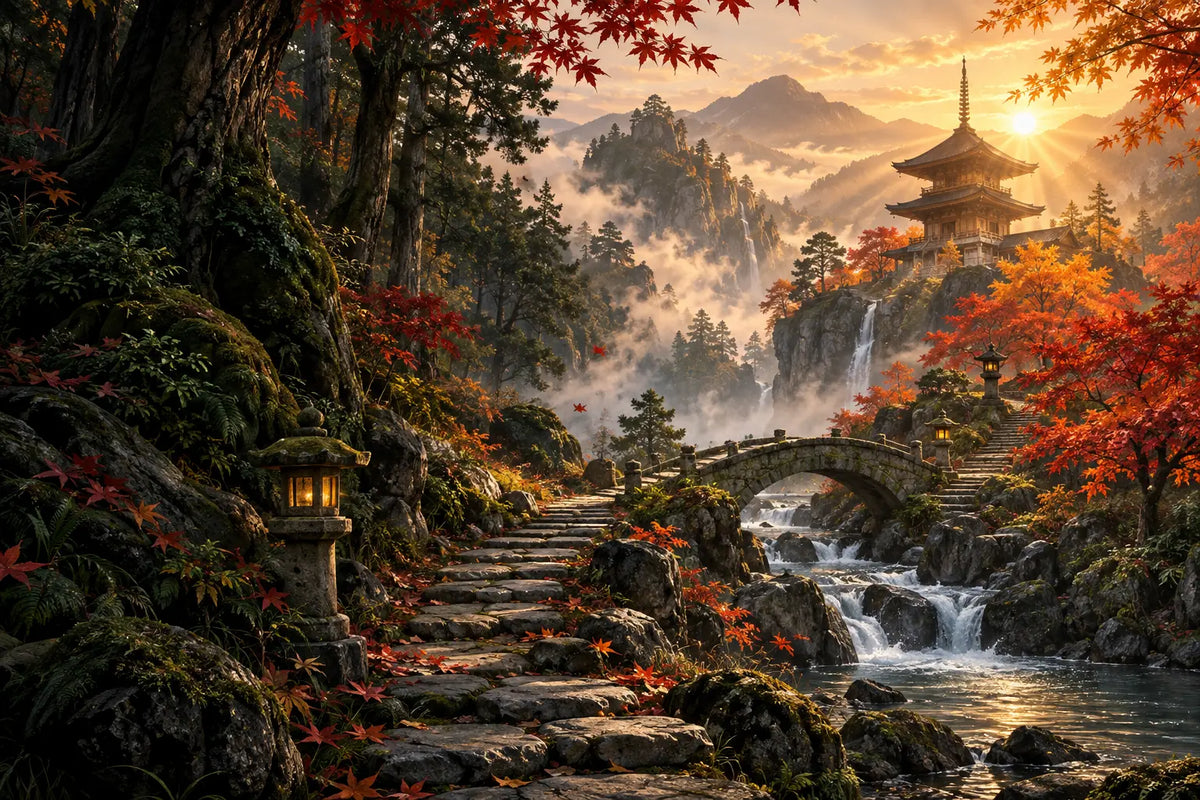 KI-Symbolbild: Japanische Berglandschaft mit Pagode; kein offizielles Naruto-Motiv