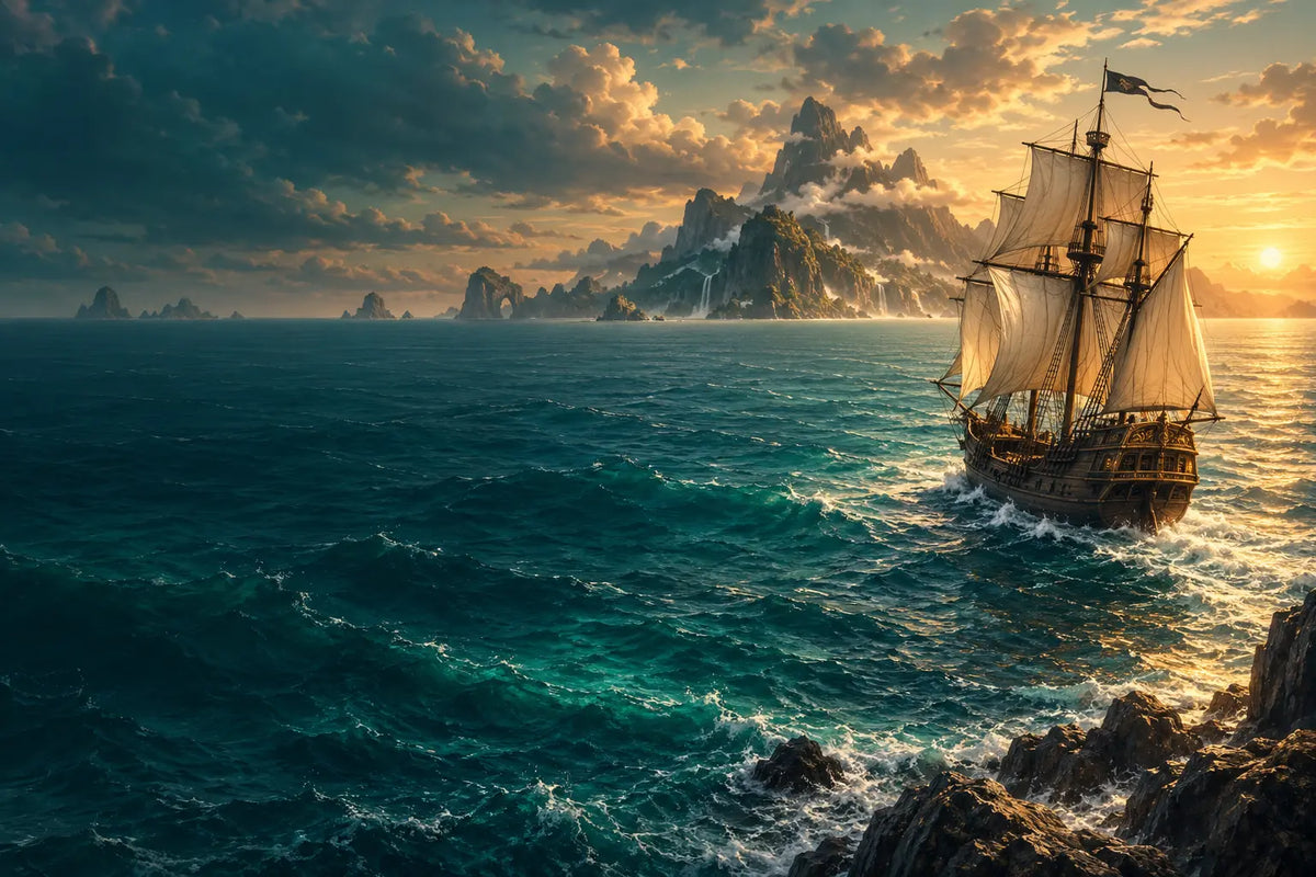 KI-Symbolbild: Segelschiff vor einer Insel im goldenen Abendlicht; kein offizielles One-Piece-Motiv